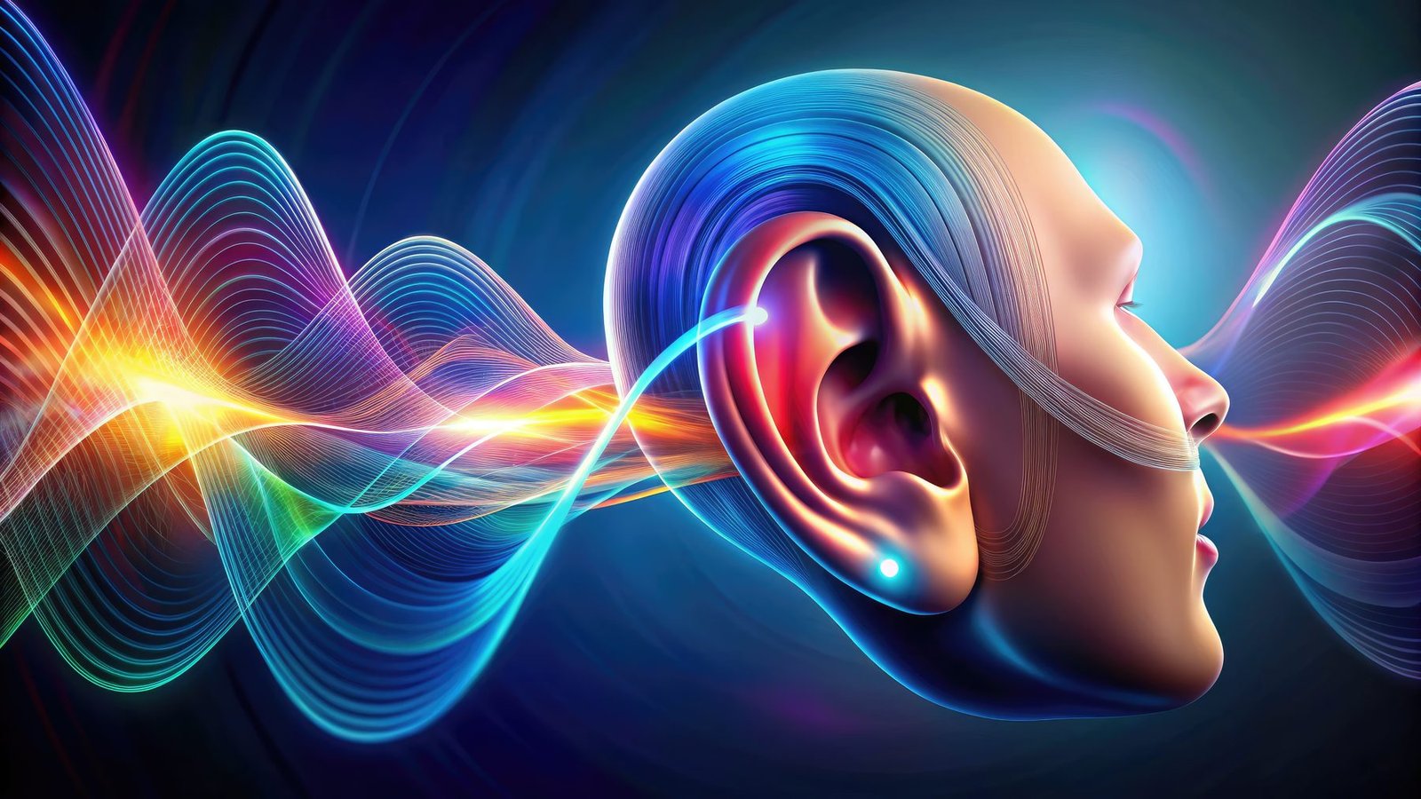 An illustration of colorful sound waves reaching the ear
